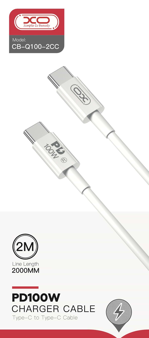 Фото - Кабель синхронизации данных XO Type-C - Type-C 100W 2m White (CB-Q100-2CC)