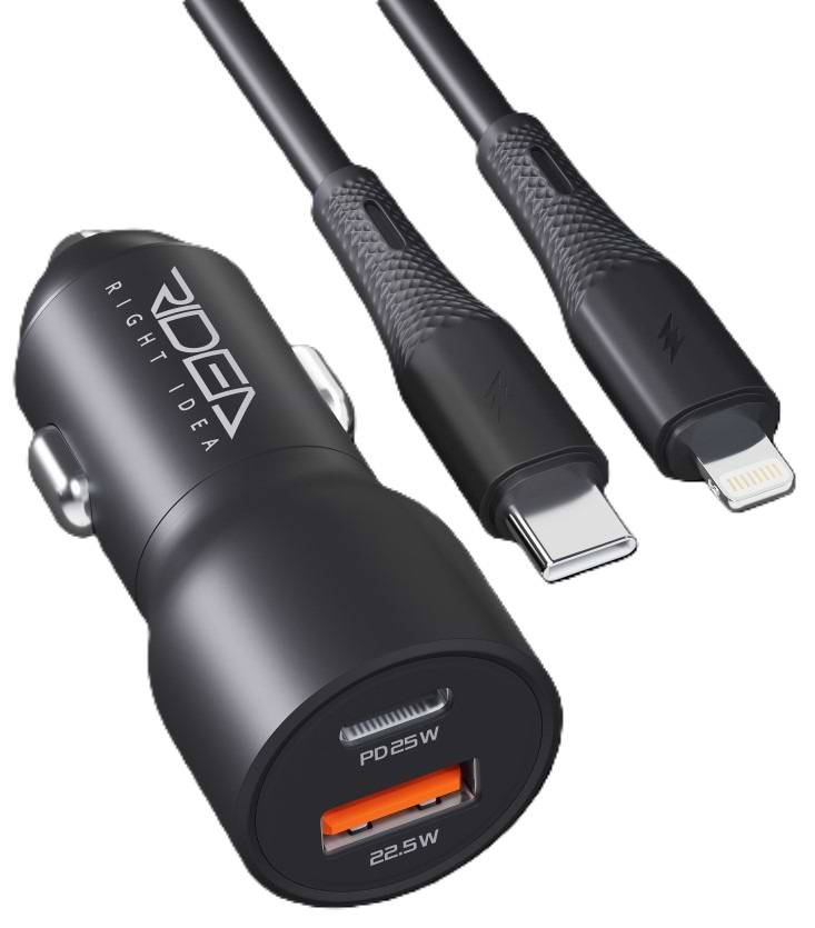 Автомобільний зарядний пристрій Ridea QPow 1USB/1USB-C PD/QC 30W+Type-C to Lightning Black (RCC-30115) - Фото 1