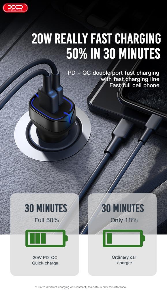 Фото - Автомобильное зарядное устройство XO 1 USB QC 3.0 + Type-C PD 20W White (CC37-WH)