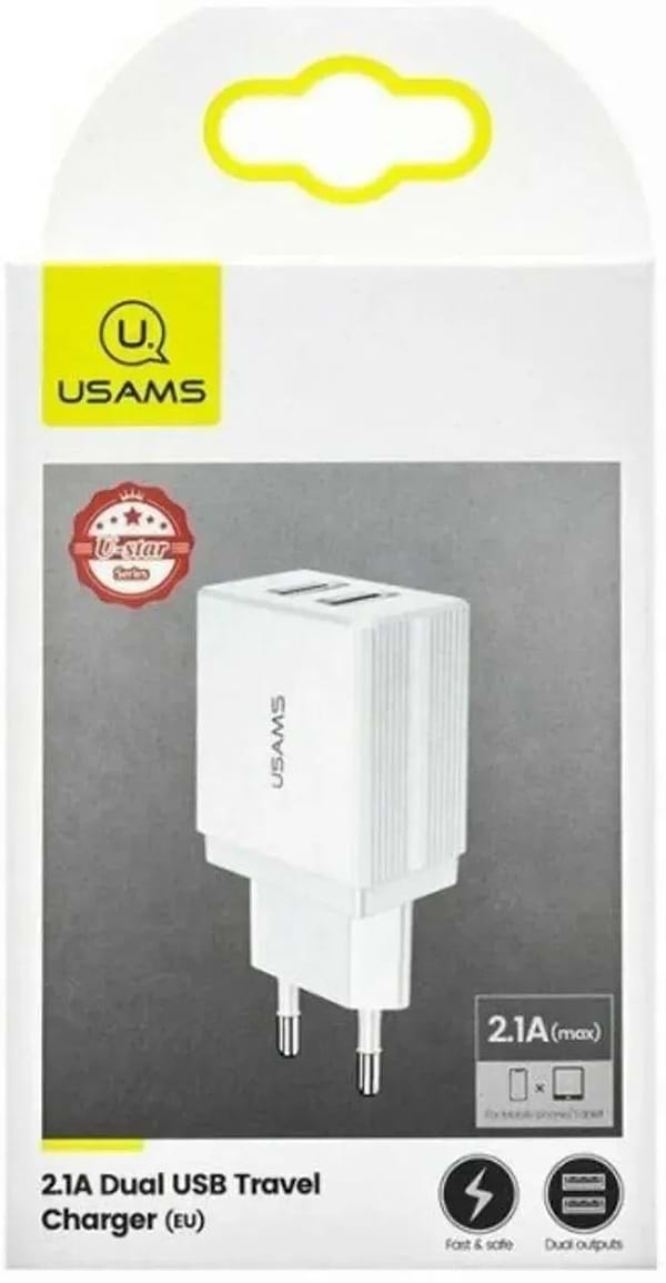 Фото - Сетевое зарядное устройство Usams US-CC090 T24 2.1A Dual USB 10W Travel Charger White (CC90TC01)