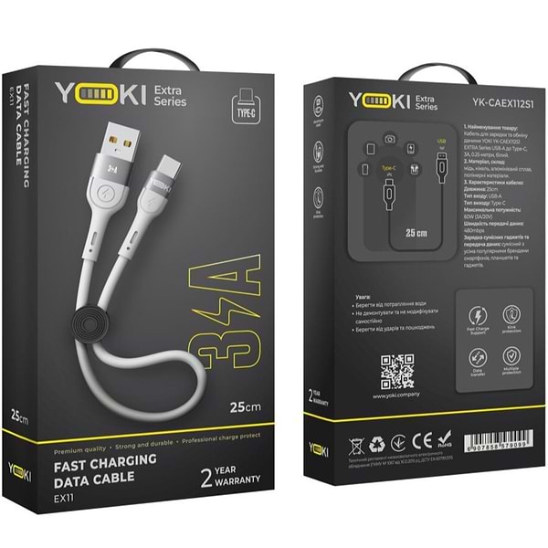 Фото - Кабель синхронізації даних YOKI EXTRA Type-C 3A 0.25m White (YK-EX11)