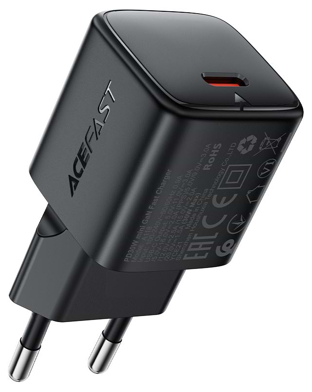 Мережевий зарядний пристрій AceFast 1xUSB-C 30W Gan A118 Fast Charger + USB-C cable Black (6974316285175) - Фото 1