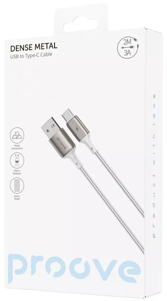 Фото - Кабель синхронізації даних Proove Dense Metal USB to Type-C 3A 2m white (CCDM20001222)