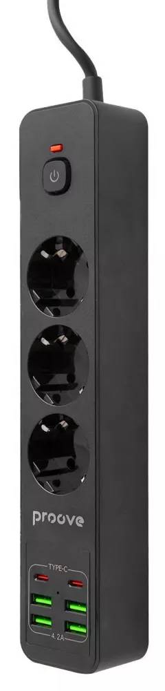 Фото - Мережевий фільтр Proove Power Strip P-03 3 розетки + 4 USB + 2 Type-C 2m Black (396830001)