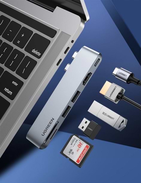 Фото - Хаб USB UGREEN CM380 Dual USB-C To HDMI+2xUSB 3.0 A+TF/SD+USB-C Female Space Gray (80856)