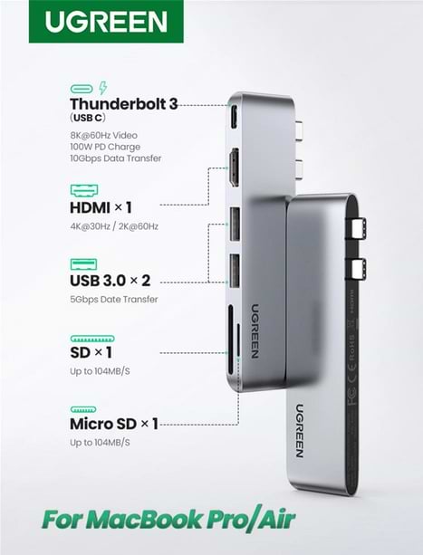 Фото - Хаб USB UGREEN CM380 Dual USB-C To HDMI+2xUSB 3.0 A+TF/SD+USB-C Female Space Gray (80856)