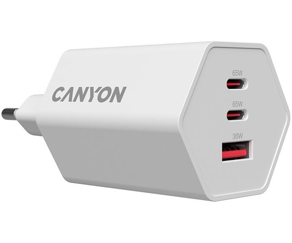 Фото - Сетевое зарядное устройство Canyon Hexagon 65 GaN 65W 2xPD 1xQC EU White (CND-CHAHEX65W)