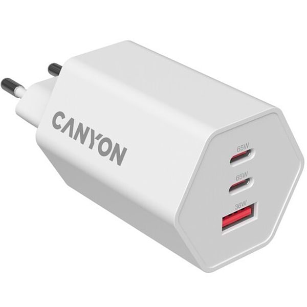 Фото - Сетевое зарядное устройство Canyon Hexagon 65 GaN 65W 2xPD 1xQC EU White (CND-CHAHEX65W)