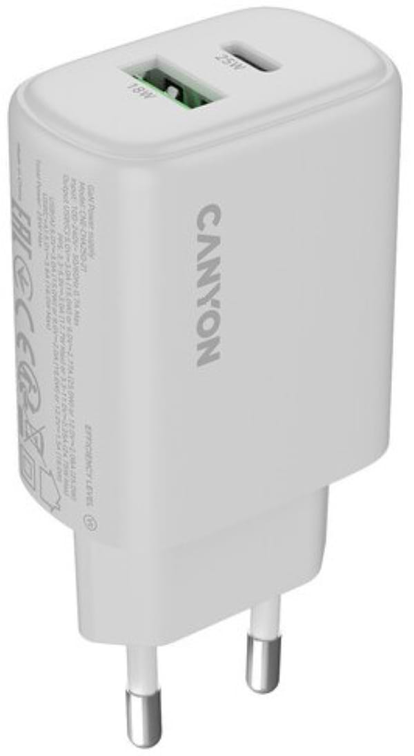 Фото - Мережевий зарядний пристрій Canyon OnCharge 250 25W 1xPD 1xQC EU White (CNE-CHA250-21)