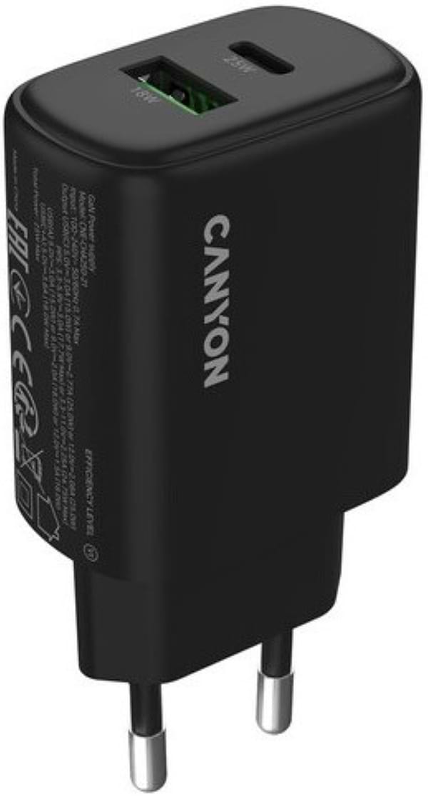 Фото - Мережевий зарядний пристрій Canyon OnCharge 250 25W 1xPD 1xQC EU Black (CNE-CHA250-31)