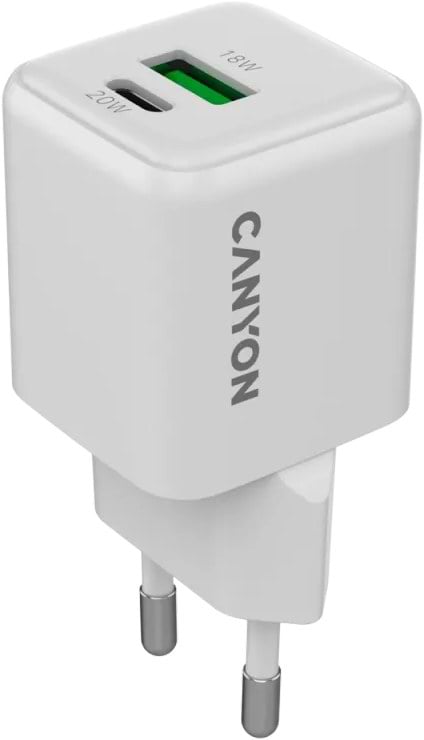 Фото - Мережевий зарядний пристрій Canyon CU20AC GaN 20W 1xPD 1xQC White (CNS-CUW20AC)