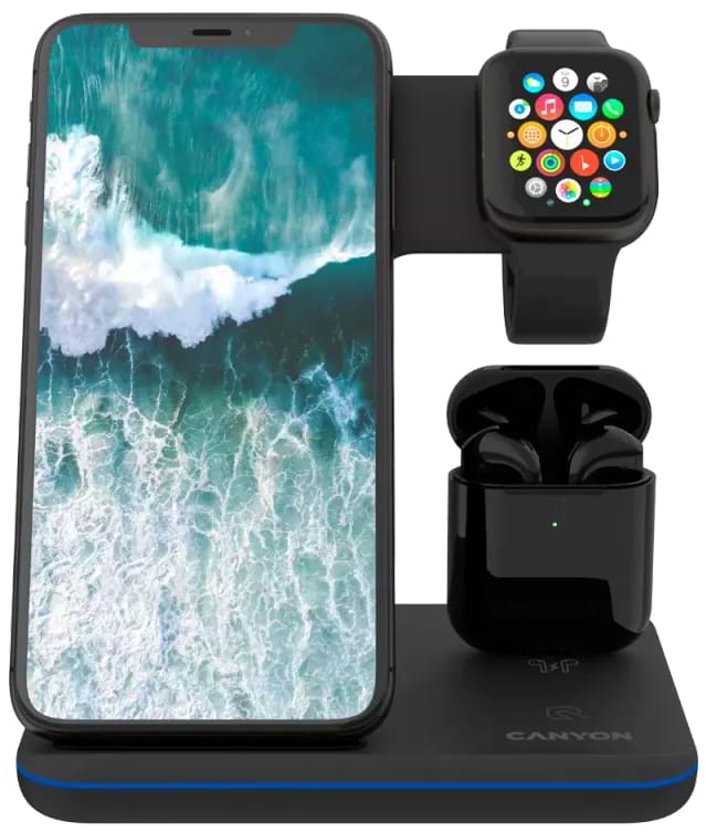 Бездротовий зарядний пристрій Canyon WS-302 3 в 1 QI Black (CNS-WCS302B) - Фото 1
