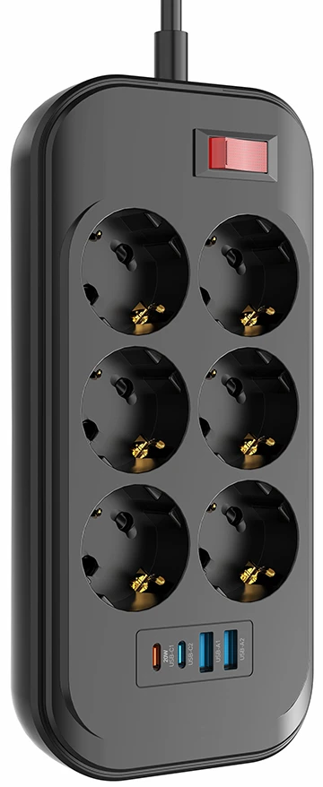 Сетевой фильтр Colorway 6 р./4USB Type-C 2PD20W + 2USB QC3.0 20W Black 2м (CW-CHE64PDB)