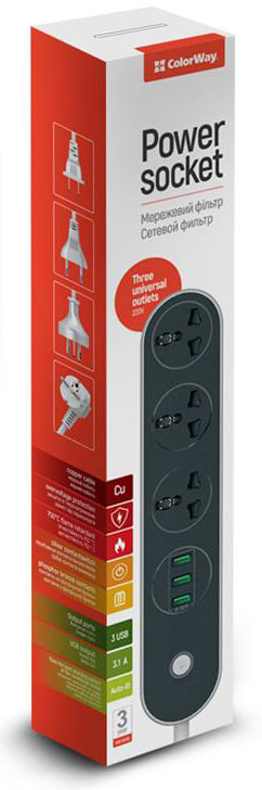 Фото - Мережевий фільтр Colorway 3 розетки/3USB Black 1.8M