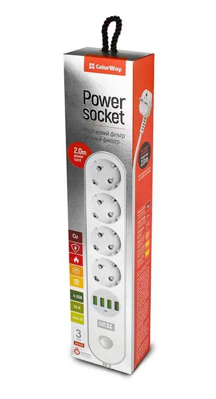 Мережевий фільтр Colorway 4 розетки/4 USB white (CW-CHE44W) - Фото 1