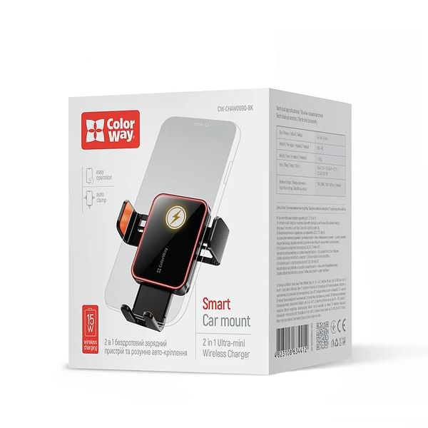 Фото - Автотримач з бездротовою зарядкою Colorway Ultra-mini 15W Black (CW-CHAW069Q-BK)