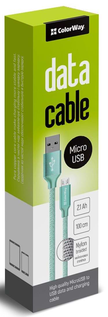 Фото - Кабель синхронізації даних Colorway USB-MicroUSB 1m Mint (CW-CBUM002-MT)