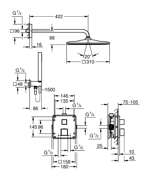 Фото - Смеситель для ванной Grohe QuickFix Precision Cube с Vitalio Rain Mono 310 Cube хром (34879000)