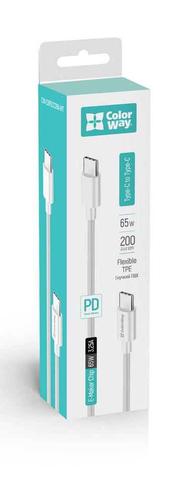 Кабель синхронізації даних Colorway USB-C-USB-C PD Fast Charging 65W 3.0А 2m White (CW-CBPDCC056-WT) - Фото 1