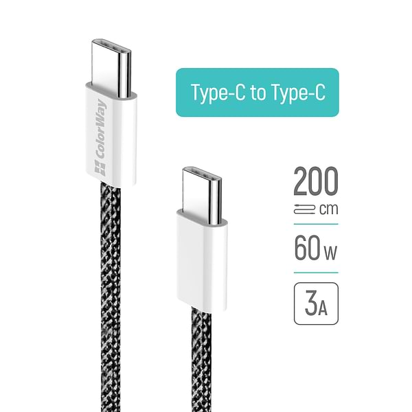 Фото - Кабель синхронізації даних Colorway Type-C - Type-C 3.0А 2м Black (CW-CBPDCC068-BK)