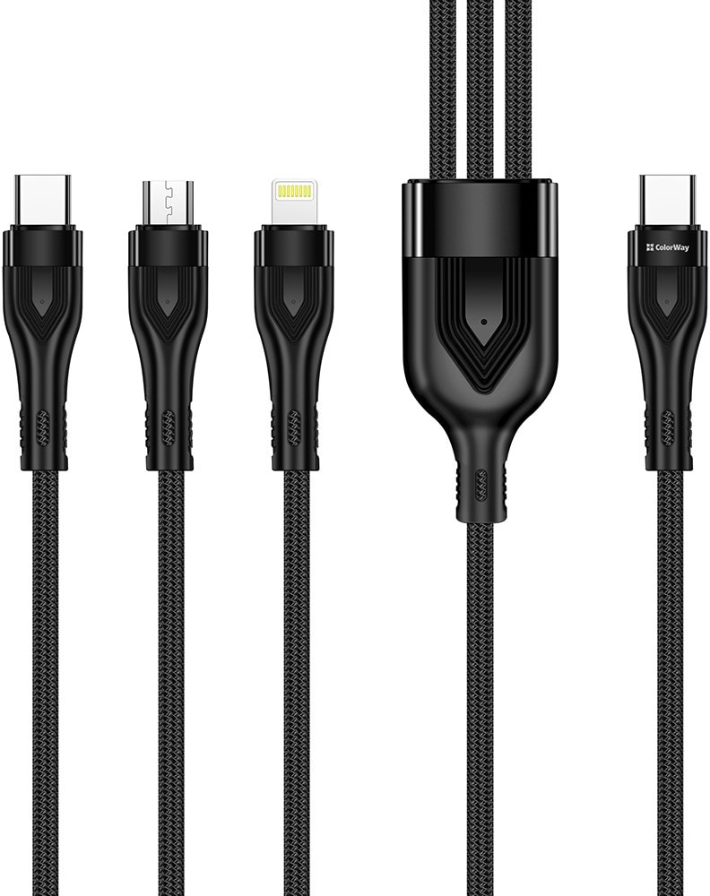 Кабель синхронізації даних Colorway Type-C - 3в1 (Lightning+MicroUSB+Type-C) 3.0A PD60W data 1.2м чорний (CW-CBPDU3060-BK) - Фото 1