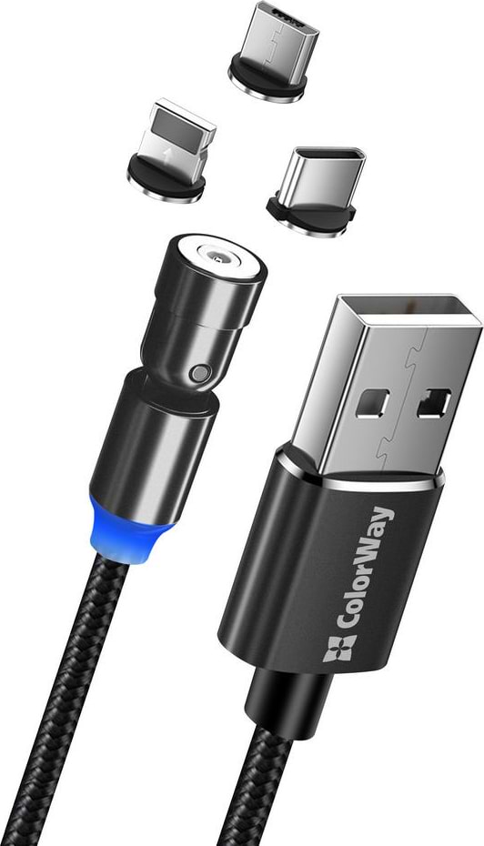 Кабель синхронизации данных Colorway USB-Lightning + microUSB + USB-C 1 m Black (CW-CBUU037-BK) - Фото 1