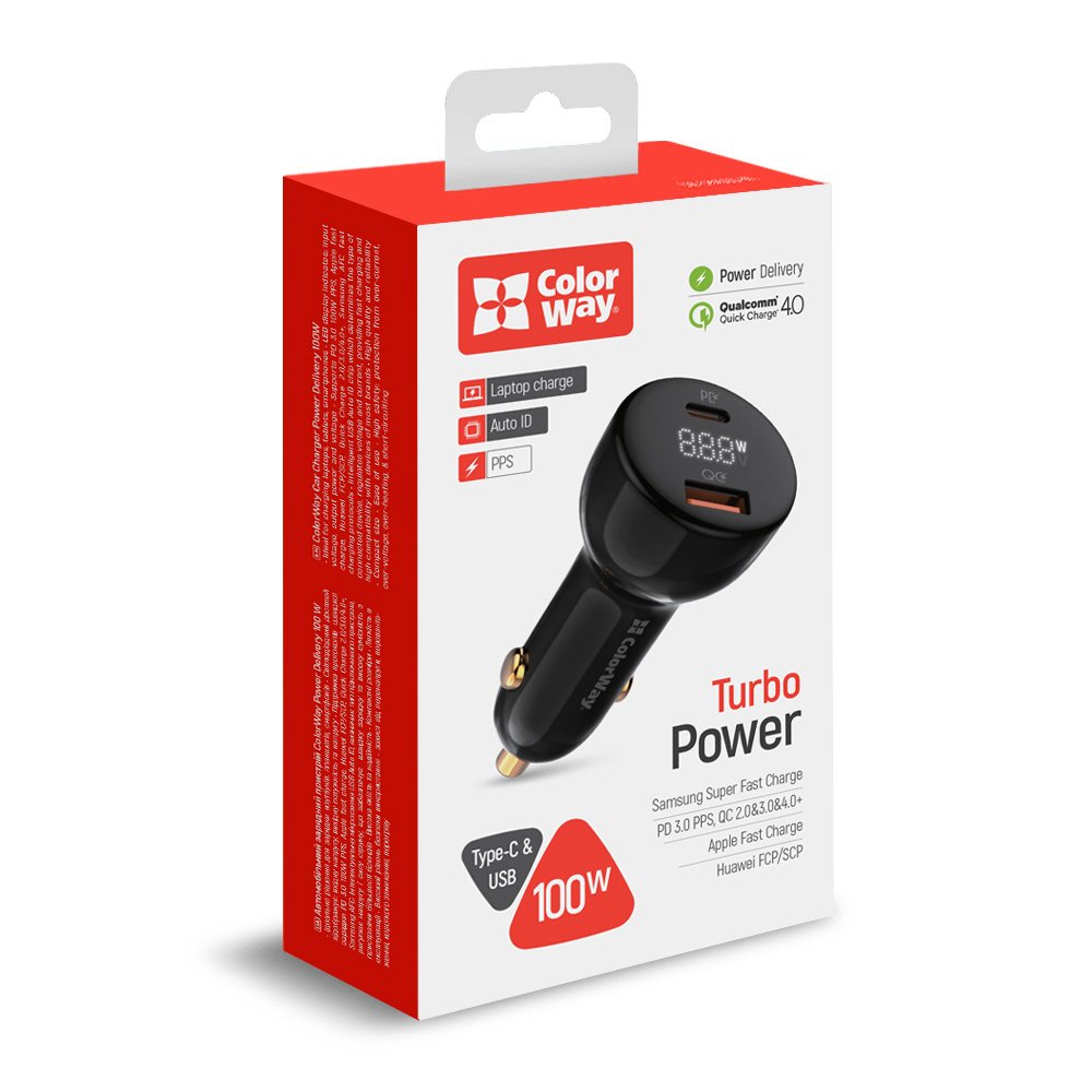 Фото - Автомобильное зарядное устройство Colorway Power Delivery PPS USB (USB-A + USB-C) (100W) Black (CW-CHA044PD-BK)