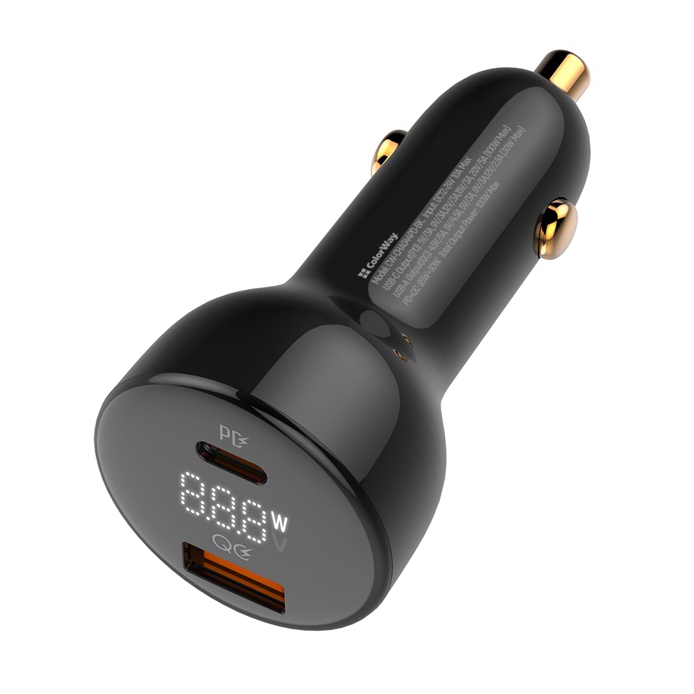 Автомобільний зарядний пристрій Colorway Power Delivery PPS USB (USB-A + USB-C) (100W) Black (CW-CHA044PD-BK) - Фото 1