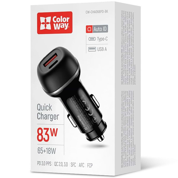 Фото - Автомобильное зарядное устройство Colorway 2USB (Type-C PD65W + USB QC3.0 18W) (83W) Black (CW-CHA068PD-BK)