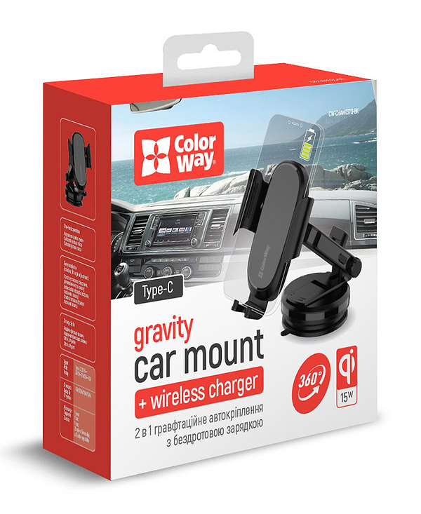 Фото - Уцінка - Автотримач з бездротовою зарядкою Colorway Dashboard Car Wireless Charger 15W Black (CW-CHAW037Q-BK)