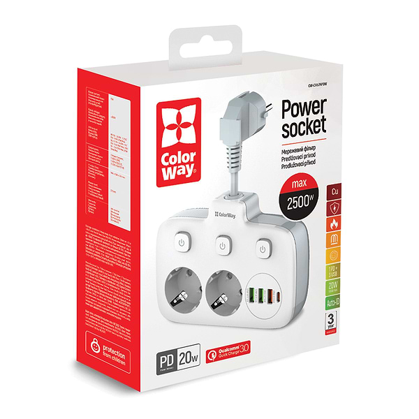 Фото - Мережевий фільтр Colorway 2 розетки,3 USB-A, 1xUSB-C (CW-CHE24PDW)