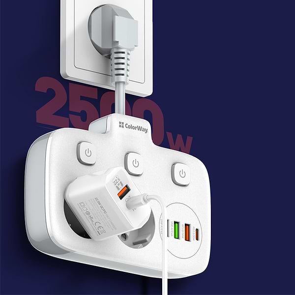 Фото - Мережевий фільтр Colorway 2 розетки,3 USB-A, 1xUSB-C (CW-CHE24PDW)
