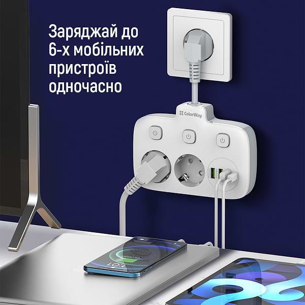Фото - Мережевий фільтр Colorway 2 розетки,3 USB-A, 1xUSB-C (CW-CHE24PDW)