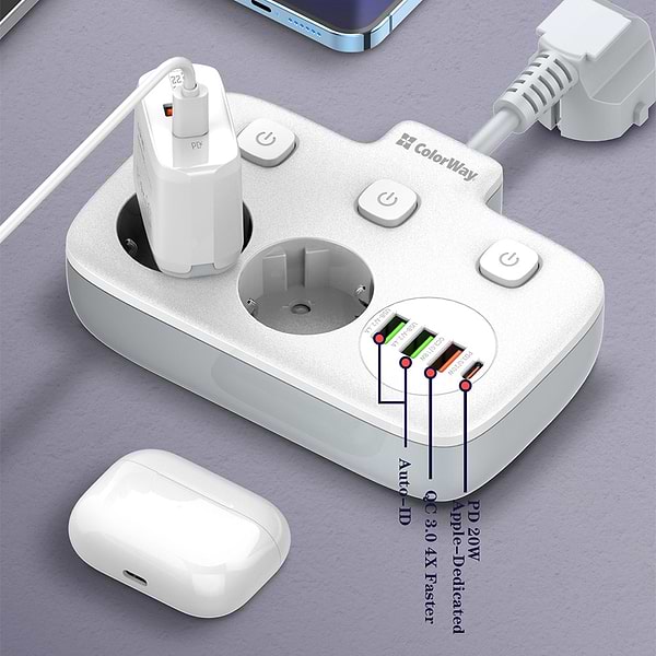 Фото - Мережевий фільтр Colorway 2 розетки,3 USB-A, 1xUSB-C (CW-CHE24PDW)