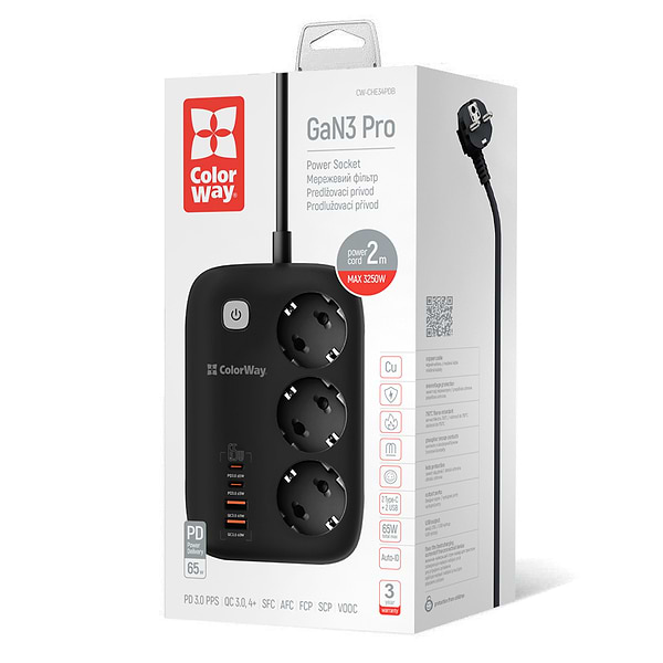Фото - Мережевий фільтр Colorway 3 розетки/4USB GaN3 Pro PD (2USB-A + 2 TYPE-C) (65W) Black 2m (CW-CHE34PDB)