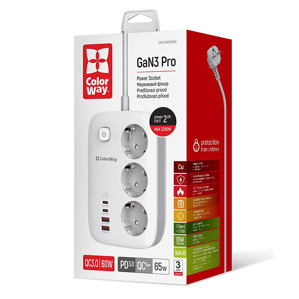 Фото - Сетевой фильтр Colorway 3 р/4USB GaN3 Pro PD (2USB-A + 2 TYPE-C) (65W) White 2м (CW-CHE34PDW)
