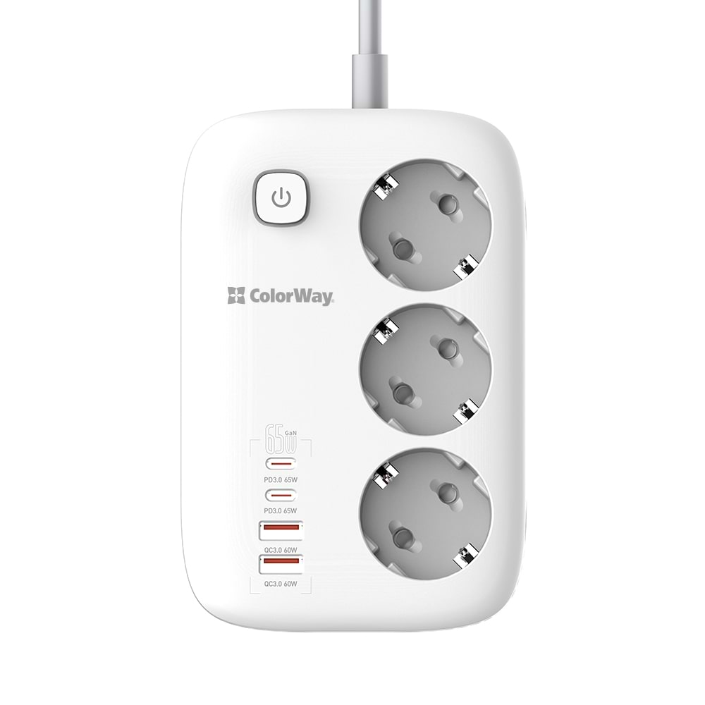 Мережевий фільтр Colorway 3 р/4USB GaN3 Pro PD (2USB-A + 2 TYPE-C) (65W) White 2м (CW-CHE34PDW) - Фото 1