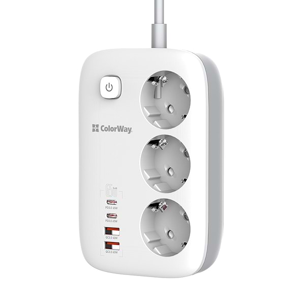Фото - Сетевой фильтр Colorway 3 р/4USB GaN3 Pro PD (2USB-A + 2 TYPE-C) (65W) White 2м (CW-CHE34PDW)