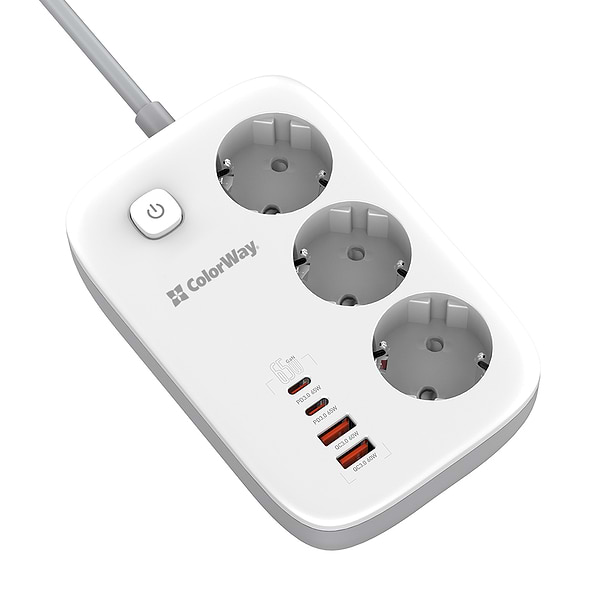 Фото - Сетевой фильтр Colorway 3 р/4USB GaN3 Pro PD (2USB-A + 2 TYPE-C) (65W) White 2м (CW-CHE34PDW)