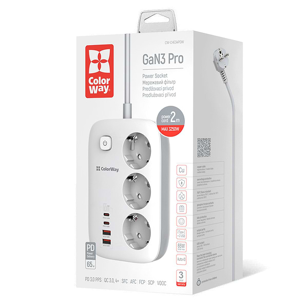 Фото - Сетевой фильтр Colorway 3 р/4USB GaN3 Pro PD (2USB-A + 2 TYPE-C) (65W) White 2м (CW-CHE34PDW)