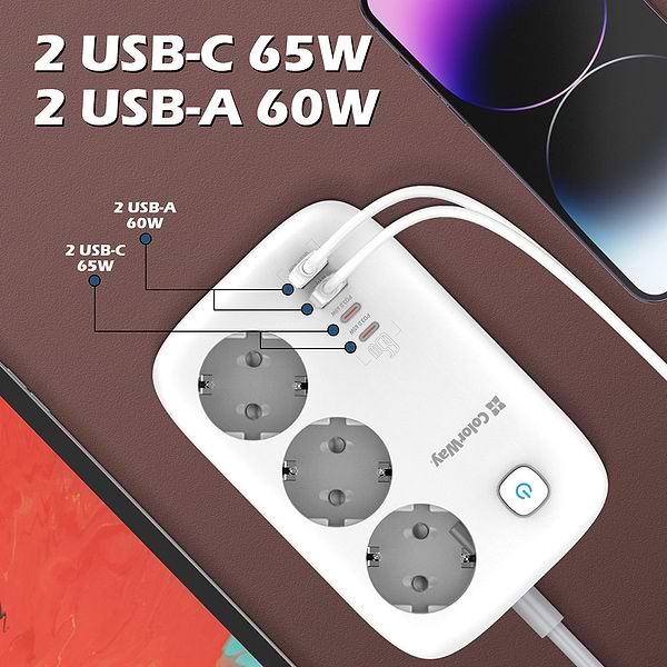 Фото - Сетевой фильтр Colorway 3 р/4USB GaN3 Pro PD (2USB-A + 2 TYPE-C) (65W) White 2м (CW-CHE34PDW)