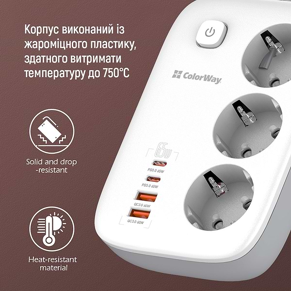 Фото - Сетевой фильтр Colorway 3 р/4USB GaN3 Pro PD (2USB-A + 2 TYPE-C) (65W) White 2м (CW-CHE34PDW)