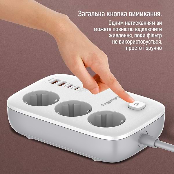 Фото - Сетевой фильтр Colorway 3 р/4USB GaN3 Pro PD (2USB-A + 2 TYPE-C) (65W) White 2м (CW-CHE34PDW)