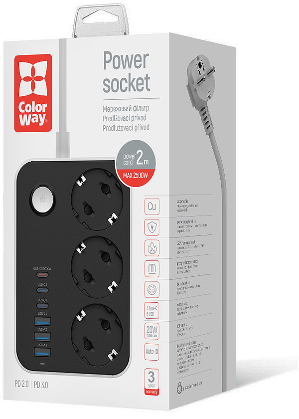 Фото - Мережевий фільтр Colorway 3 роз., 6xUSB (3xUSB-A + 3xTYPE-C) 20W Black 2m (CW-CHE36PDB)