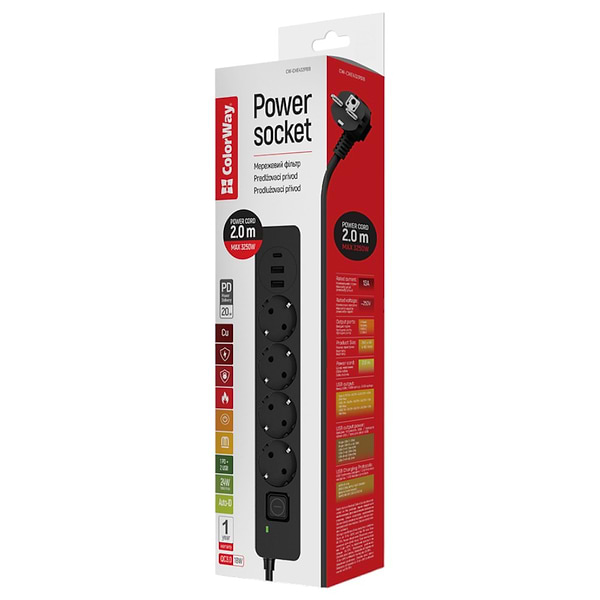 Фото - Сетевой фильтр Colorway 4 роз. 2xUSB-A + 1 Type-C Black 2m (CW-CHE432PDB)