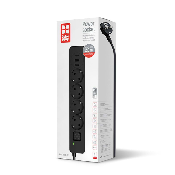 Фото - Мережевий фільтр Colorway 4 роз. 2xUSB-A + 1 Type-C Black 2m (CW-CHE432PDB)