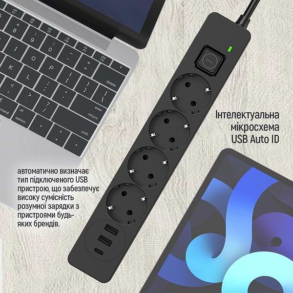 Фото - Сетевой фильтр Colorway 4 роз. 2xUSB-A + 1 Type-C Black 2m (CW-CHE432PDB)