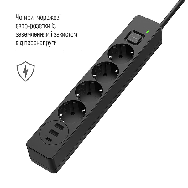 Фото - Сетевой фильтр Colorway 4 роз. 2xUSB-A + 1 Type-C Black 2m (CW-CHE432PDB)