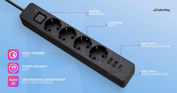 Фото - Сетевой фильтр Colorway 4 роз. 2xUSB-A + 1 Type-C Black 2m (CW-CHE432PDB)