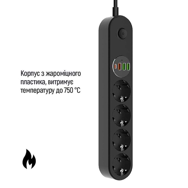 Фото - Сетевой фильтр Colorway 4 роз. Type-C PD20W + 3xUSB QC3.0 Black 2m (CW-CHE44PDB)